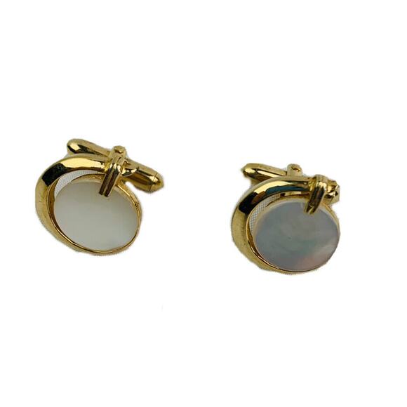 Vintage Signed Swank Cufflinks Goldtone and Mother of Pearl Bullet Back - Picture 1 of 10